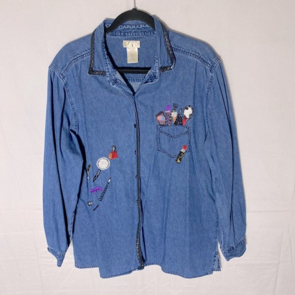 Vintage Bobbie Brooks Med Wash Denim Embroidered Button Up Top XL